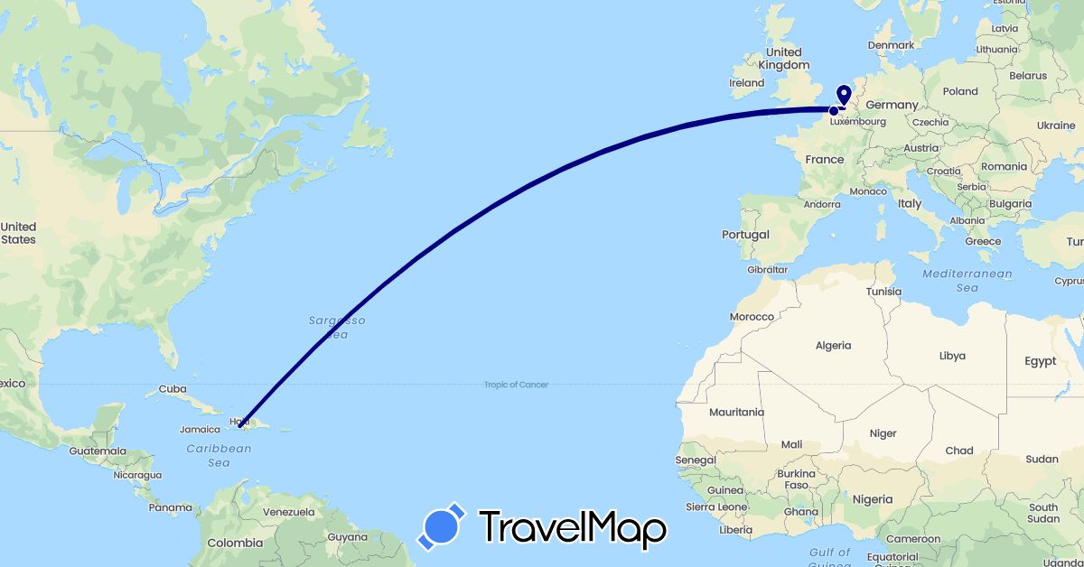 TravelMap itinerary: driving in Belgium, France, Haiti (Europe, North America)